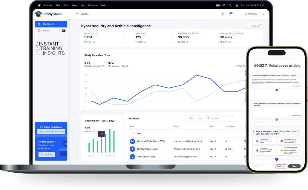 StudyStash Dashboard shown on a MacBook Pro